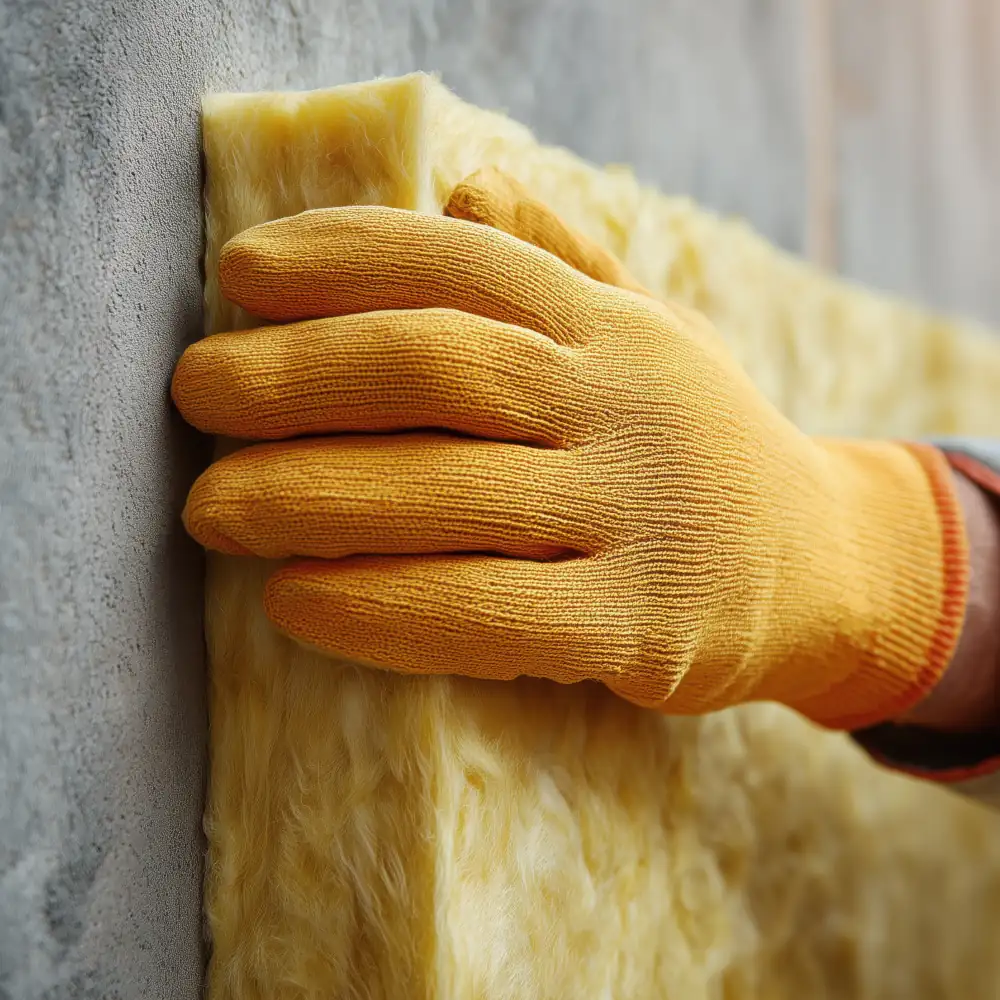 Ein Stukkateur hält eine Dämmplatte an eine Wand - Bildausschnitt Hand mit Dämmplatte Ein Stukkateur hält eine Dämmplatte an eine Wand - Bildausschnitt Hand mit Dämmplatte