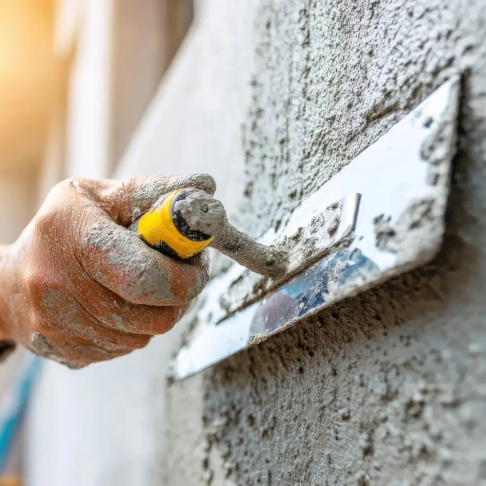 Ein Stukkateur verputzt eine Wand - Bildausschnitt Hand mit Kelle Ein Stukkateur verputzt eine Wand - Bildausschnitt Hand mit Kelle