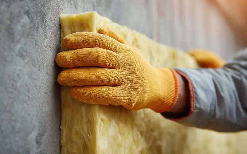 Ein Stukkateur hält eine Platte aus Dämmwolle an eine rauh verputzte Wand