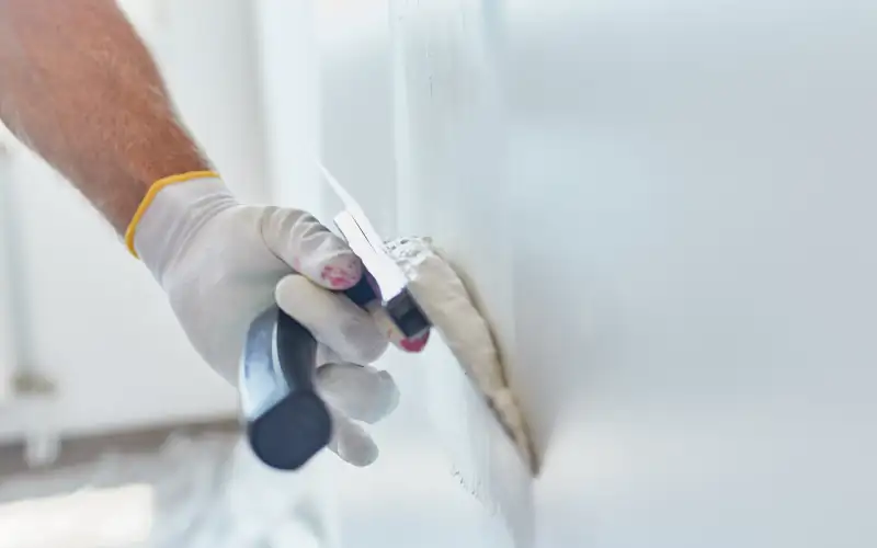 Ein Stukkateur verputzt eine Wand mit feinem Putz - Bildausschnitt Hand mit Kelle